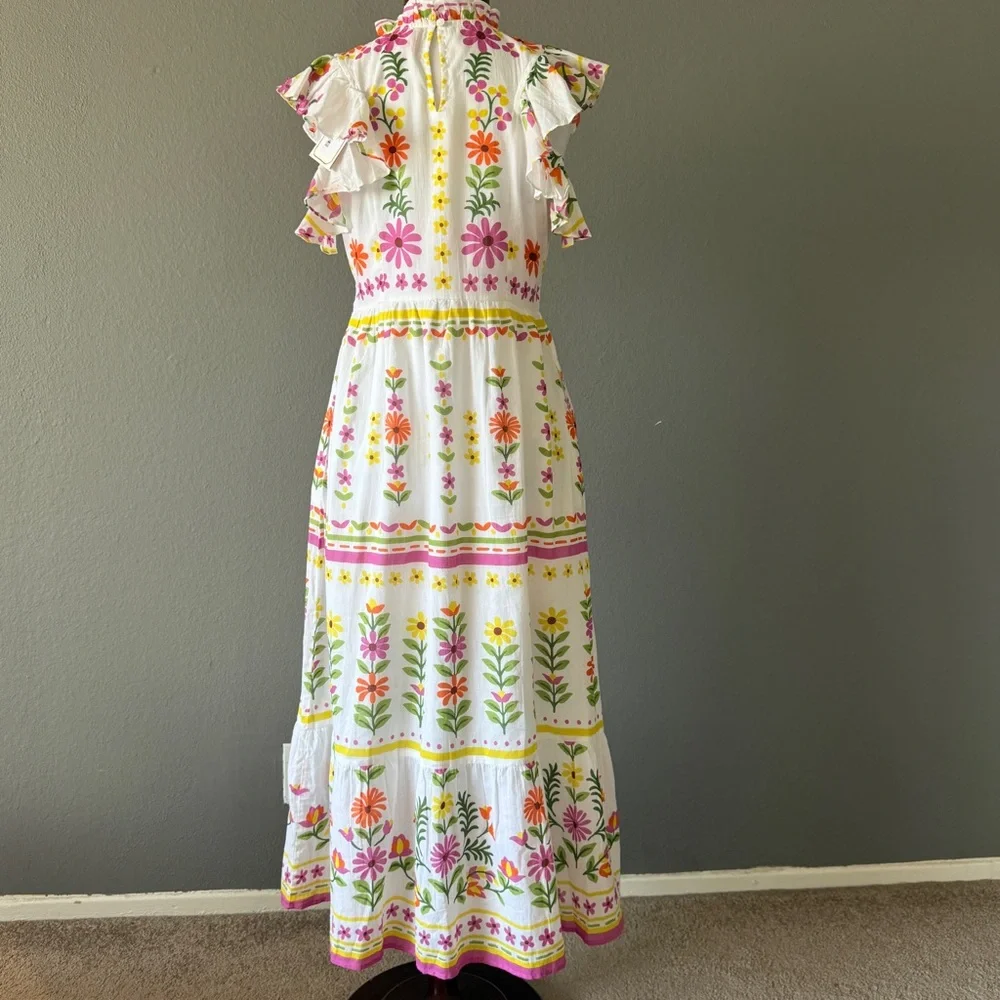 BANJANAN NWT Hannah Dress White Floral Print Long Maxi Flutter Sleeve Sz S - Picture 6 of 10